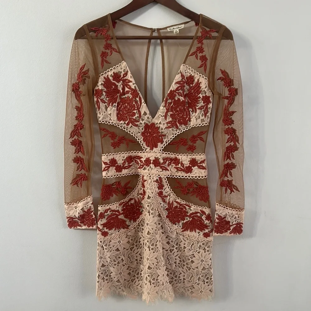 For Love And Lemons Long Sleeve Dress in Cream and Red - Picture 3 of 9